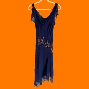 00's vintage navy floral sequins 100% silk chiffon fairy boho y2k dress Size 12